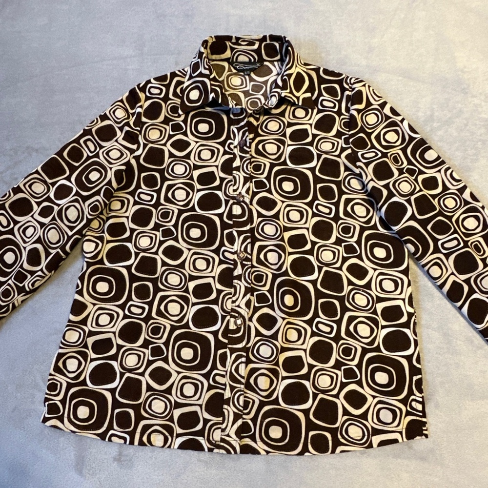 Vintage 90s Y2K Blouse Brown Geometric Print Temptation Women's XL Top Button Up